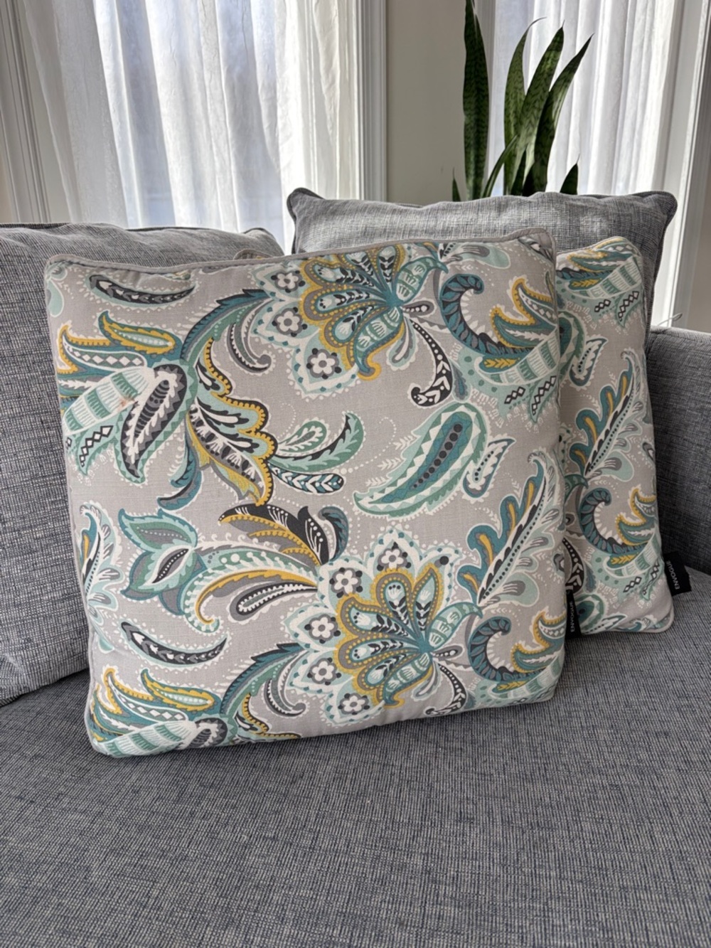 Envogue Decorative Paisley Throw Pillow Set - Gray with Teal & Yellow
